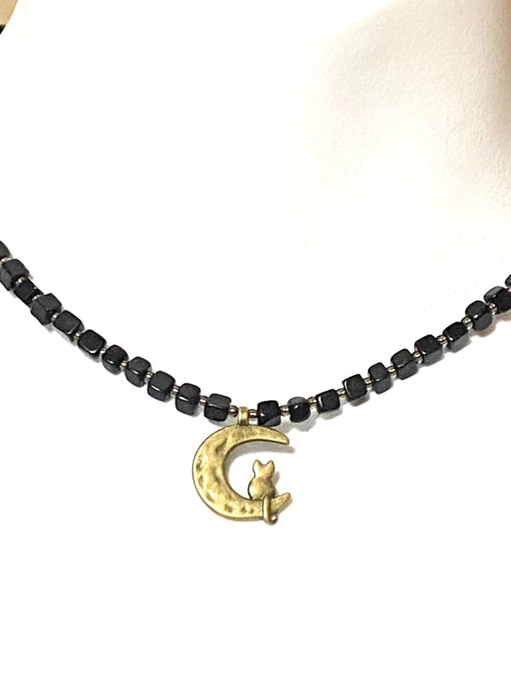 Black Agate Short Necklace, Natural Gemstone & Bronze Cat on the Moon Pendant